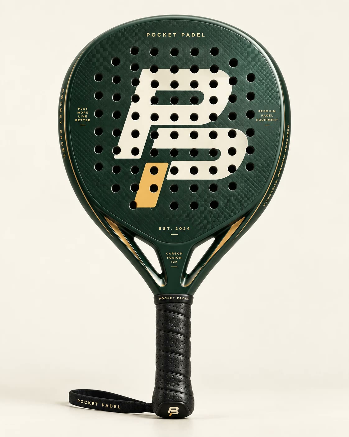 A Pocket Padel racket in racing green with a gold tab and a black grip